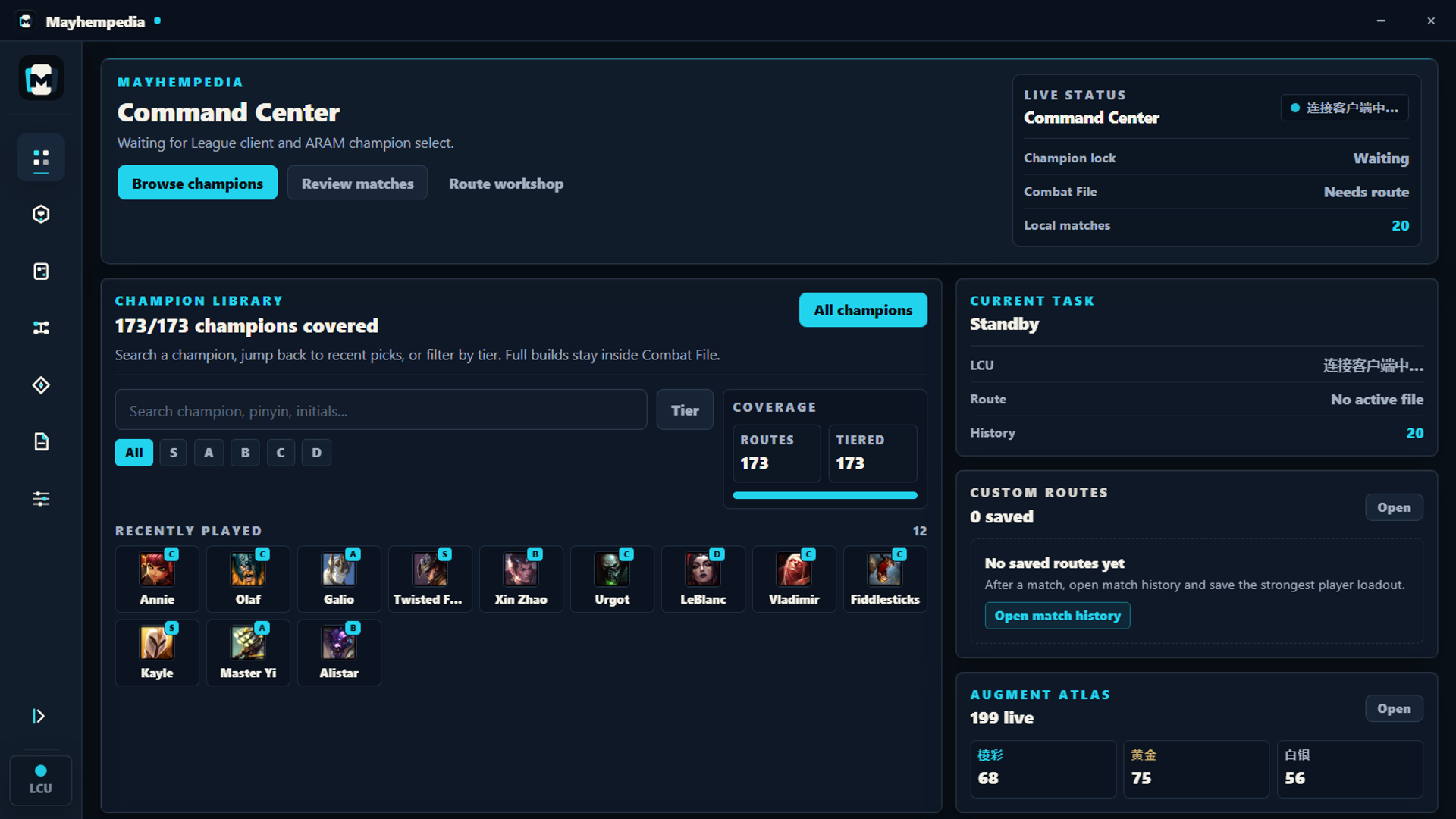 Mayhempedia dashboard showing Champion Codex, custom routes, and augment coverage